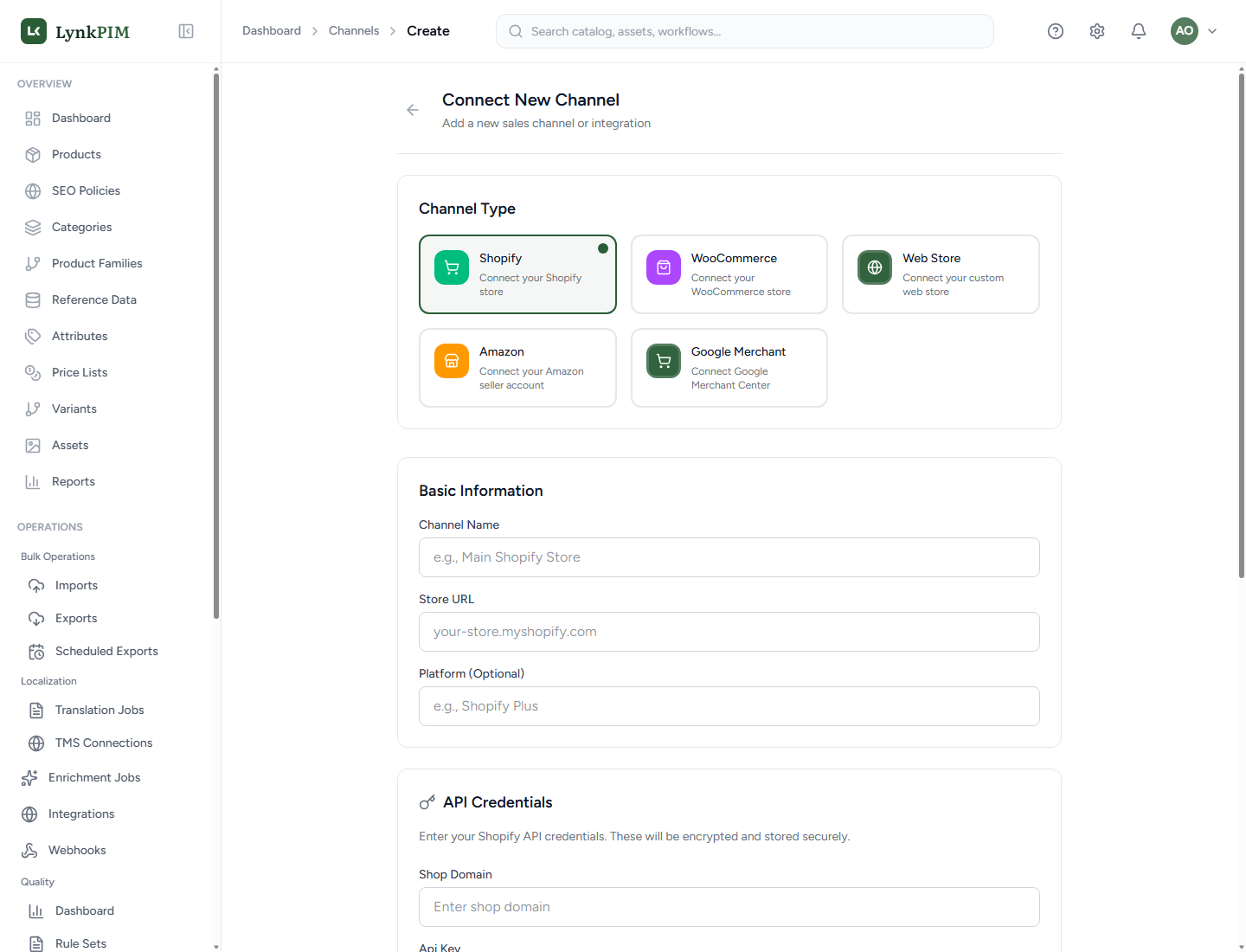 LynkPIM Connect New Channel form