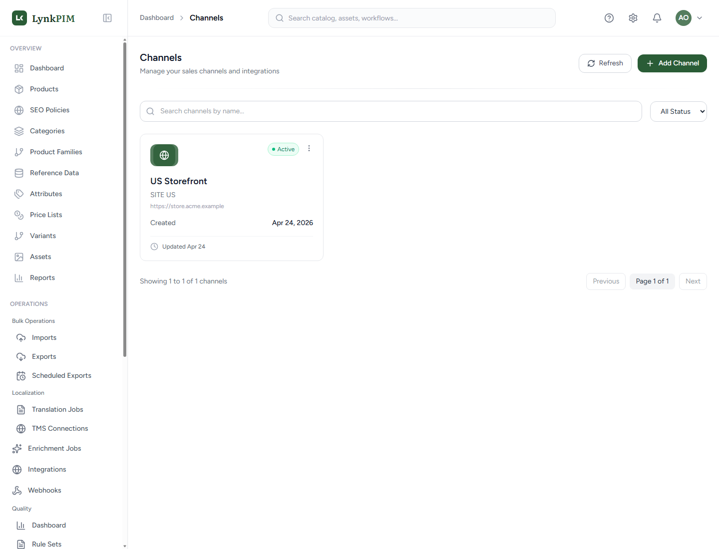 LynkPIM Channels page with a sample storefront