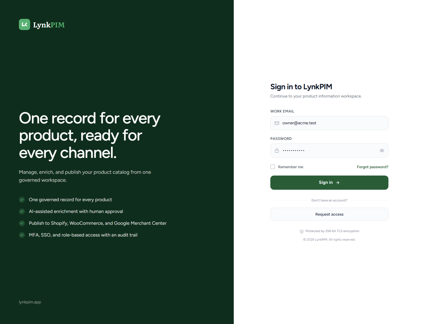 LynkPIM sign-in form with a sample workspace email