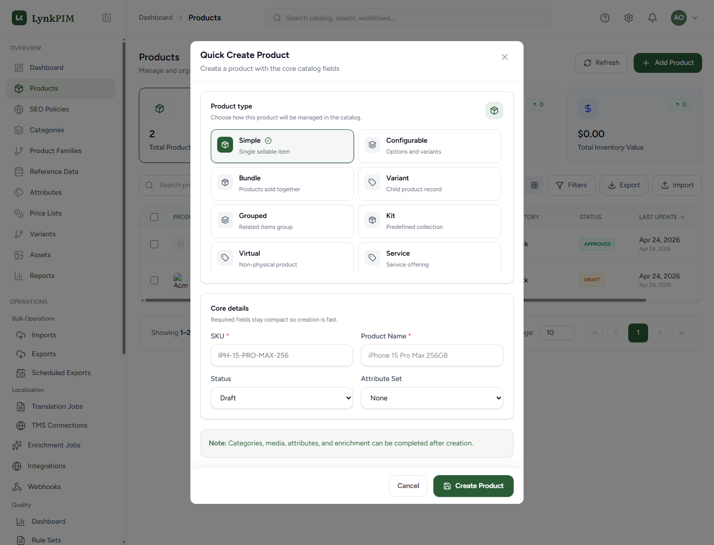 LynkPIM Quick Create Product form