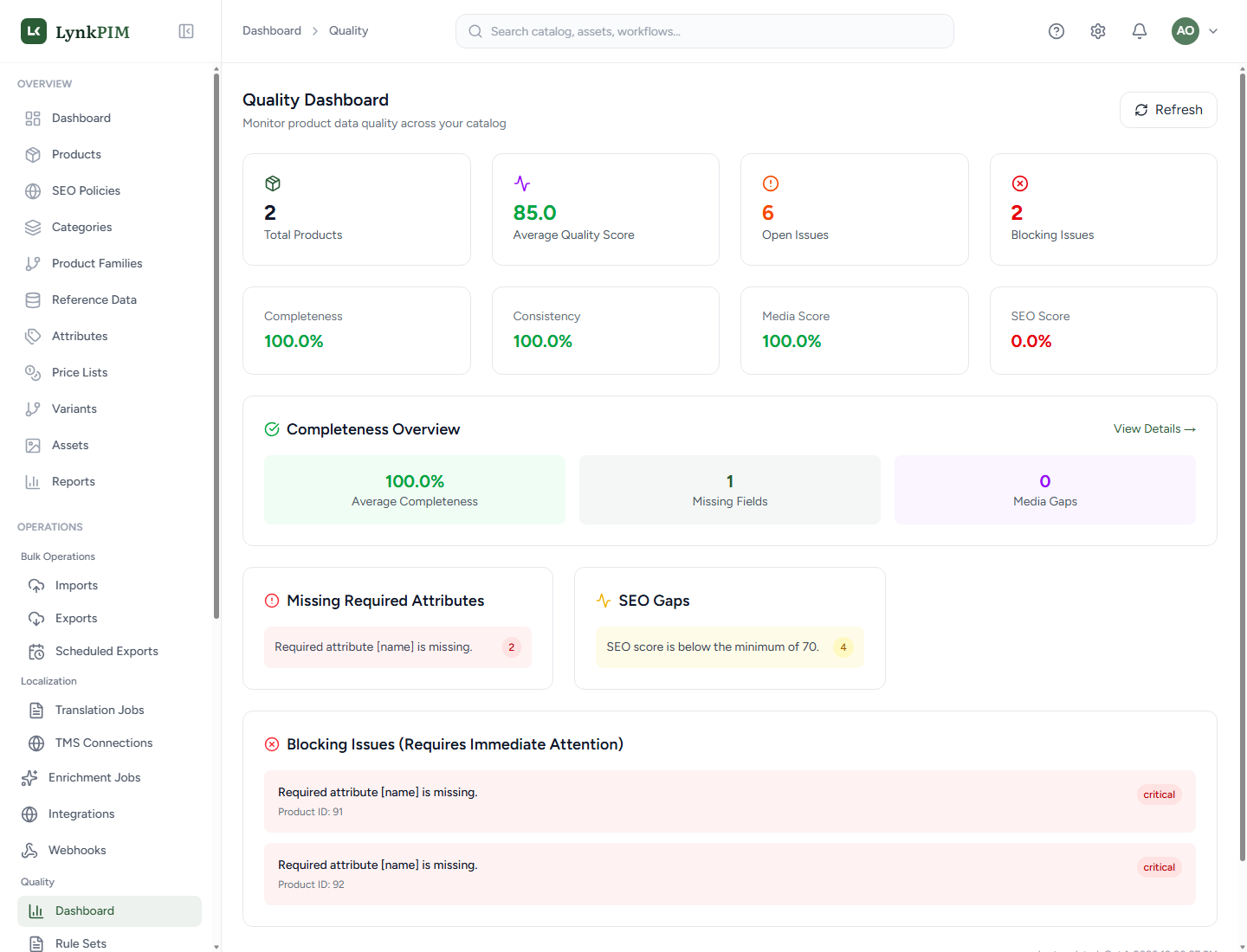 LynkPIM Quality Dashboard with sample scores and issues
